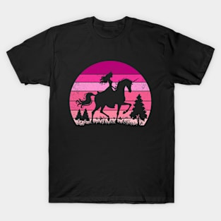 Princess Riding Unicorn Pink Vintage Sunset Magical T-Shirt